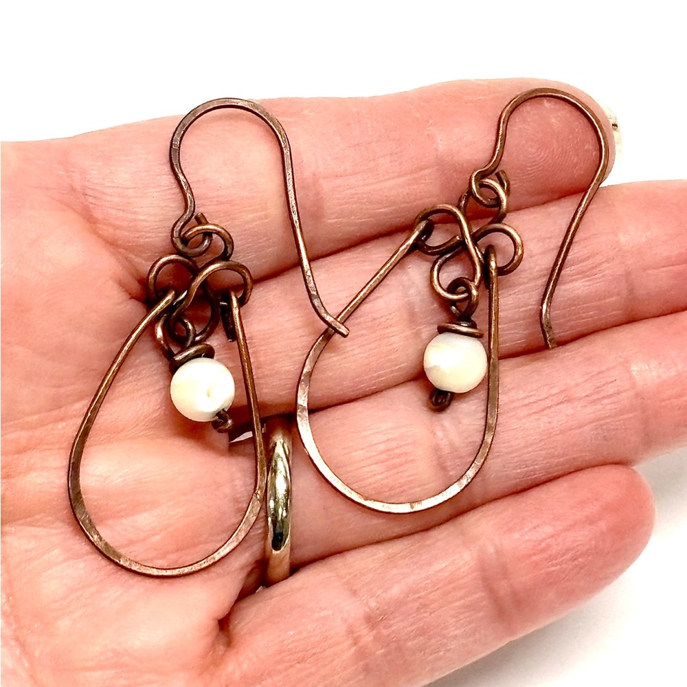 HANDMADE Mother of Pearl Wire Wrapped Copper Dangle Earrings, Gift for Mom Her - Picture 5 of 10